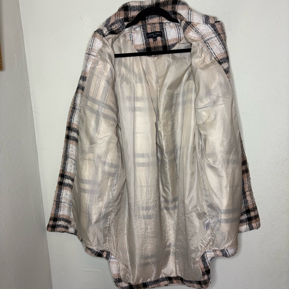 Love Tree Plaid Button-Up Shacket in Cream and Tan Medium - Picture 6 of 8